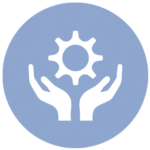 blue icon with hands holding up gear