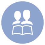 blue icon with two people and an open book