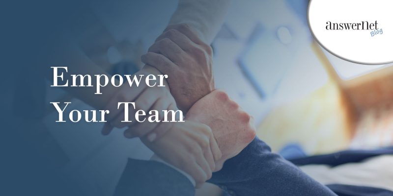 4 suited hands clasping together, empower your customer service reps